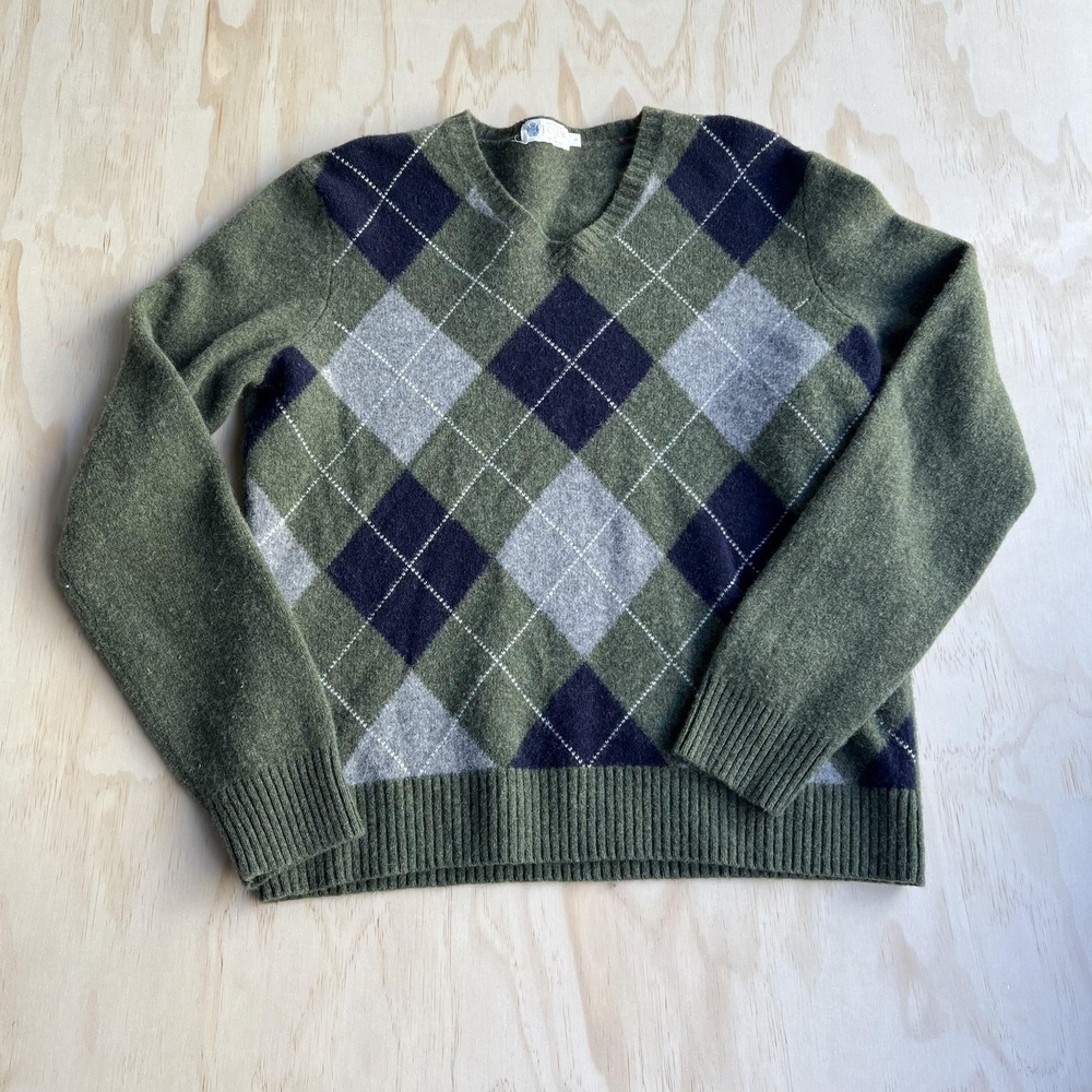 J.Crew Sweater Mens Large Green Argyle Lambswool V Neck Preppy Knit Pullover